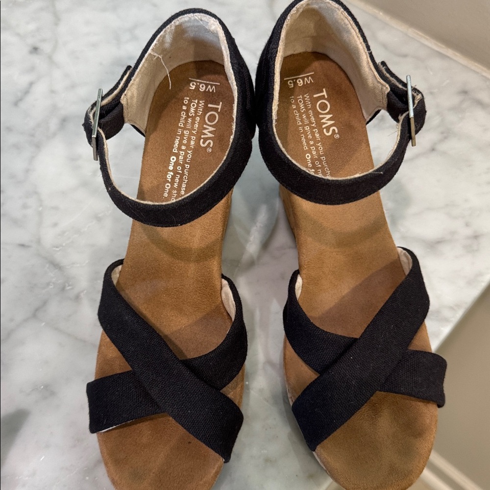 Toms Black Cork Wedge Sandals - Picture 3 of 5